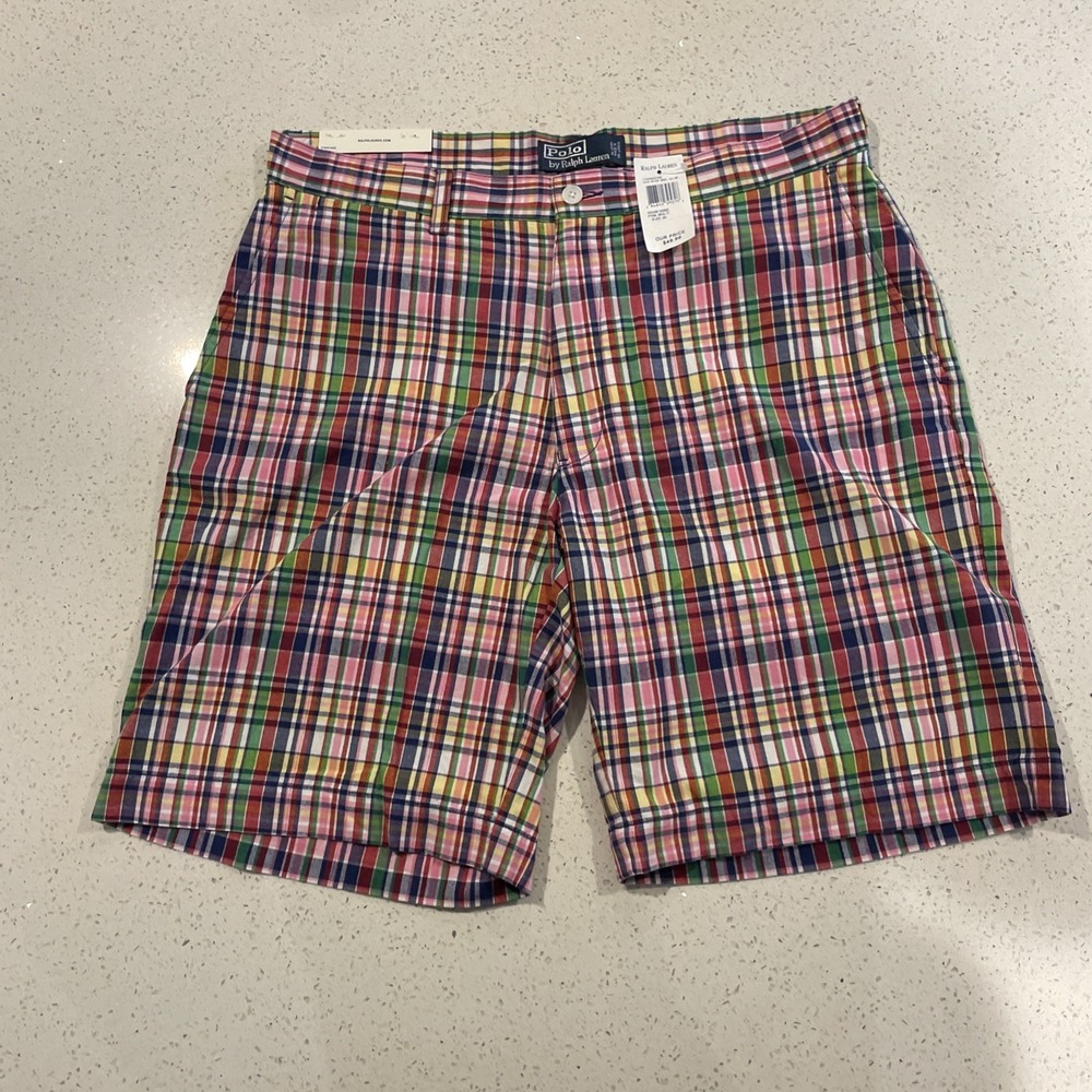Ralph Lauren Men Cotton Navy Blue,Pink &Yellow‎ Plaid Shorts-Sz 35- NWT